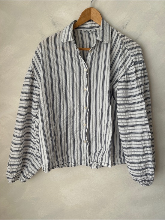 brende Tops - Brende Portugal Oversized Stripe Button Up Boxy Cropped Balloon sleeve Cotton S